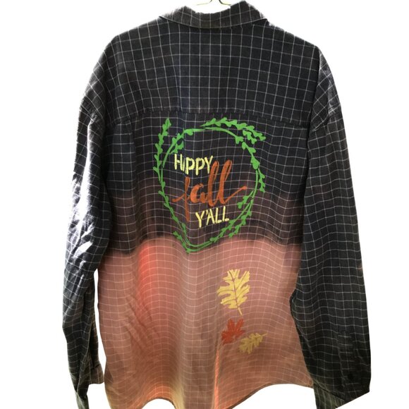 Bleached Flannel Painted Shirt, Size Medium: Upcycled, Autumn Theme Fall Leaves - Picture 4 of 13
